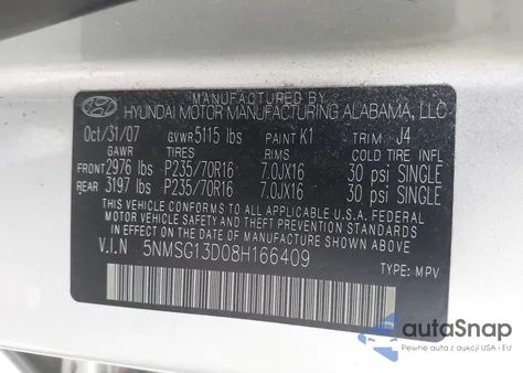 2008 Hyundai Santa Fe Gls из США, поврежденный, VIN 5NMSG13D08H166409